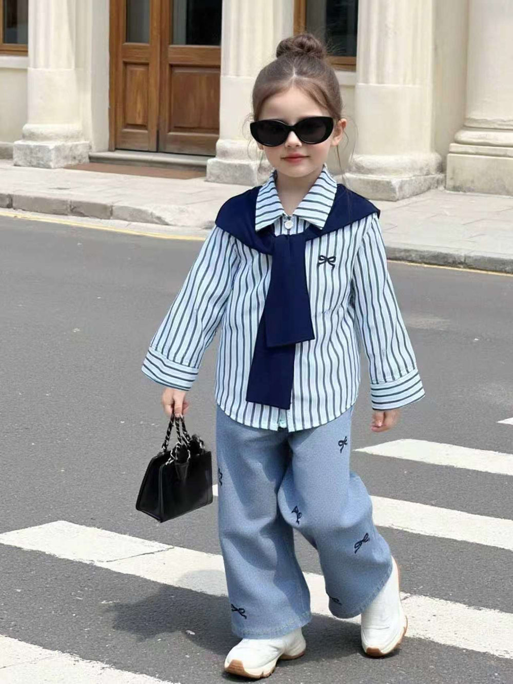 new autumn cross-border girls' collared shirt with color block shawl + embroidered bow denim jeans three-piece set
