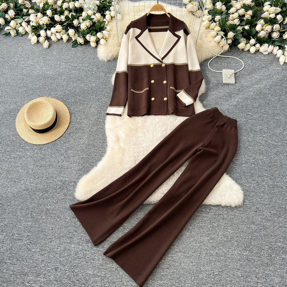 Xiaoxiangfeng outfitsclassysuit women's loosefashion color block lapel knittingcardigan+high waistloose pants