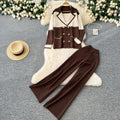 Xiaoxiangfeng outfitsclassysuit women's loosefashion color block lapel knittingcardigan+high waistloose pants