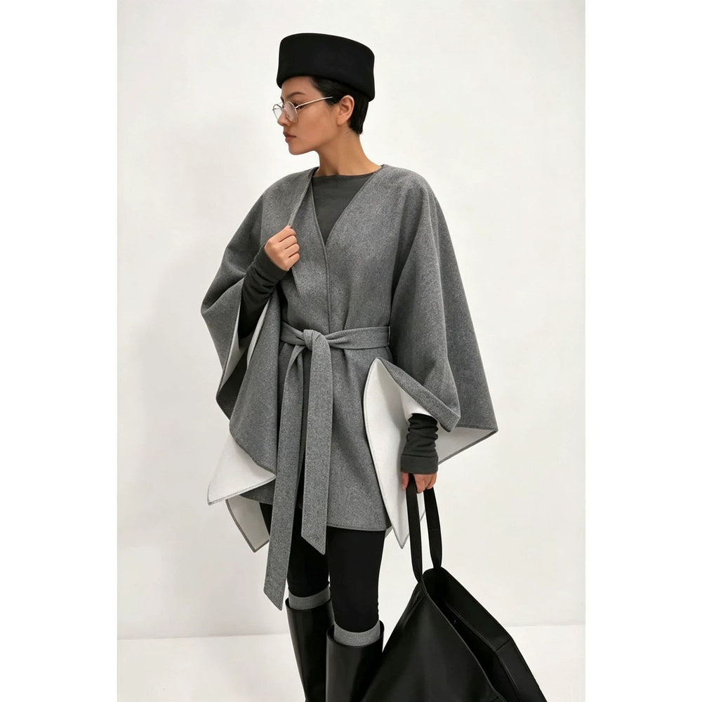 cross-border fashion women's winter coat: elegant solid color wool blend cape with tie waist