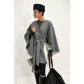 cross-border fashion women's winter coat: elegant solid color wool blend cape with tie waist