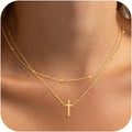 Influencer-style minimalist stainless steel fine round bead chain double layer necklace for women with cross pendant jewelry