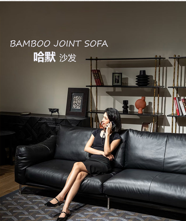 Minimalist mid-century modern genuine leather sofa for living room, small apartment, bauhaus retro style black hammer sofa, 2025 new arrival