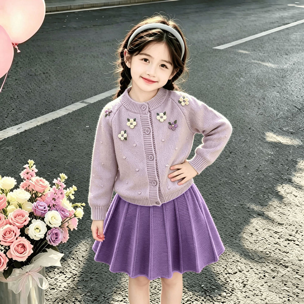 Girls' sweater set: korean style 3d floral purple knit cardigan,  trendy long-sleeve two-piece sweater set