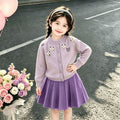 Girls' sweater set: korean style 3d floral purple knit cardigan,  trendy long-sleeve two-piece sweater set