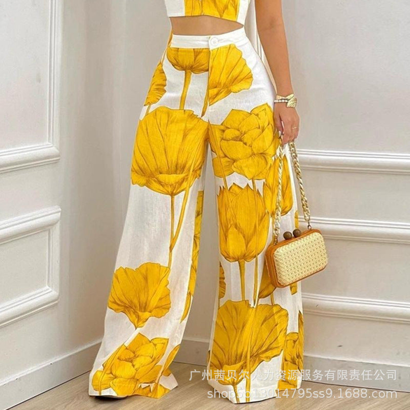 Spot  2023 European and American women's clothing  suspender printing set, trousers, set