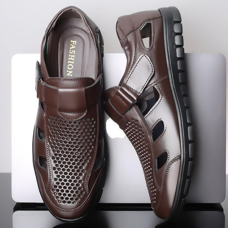 Special big salenew arrivalmen leather sandals summer breathable leather shoes middle-aged and elderly soft bottom dad hole shoes cut out
