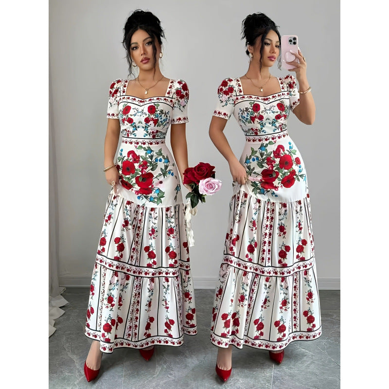 Women's summer new french chic romantic floral print square neck short sleeve cinched waist a-line maxi dress