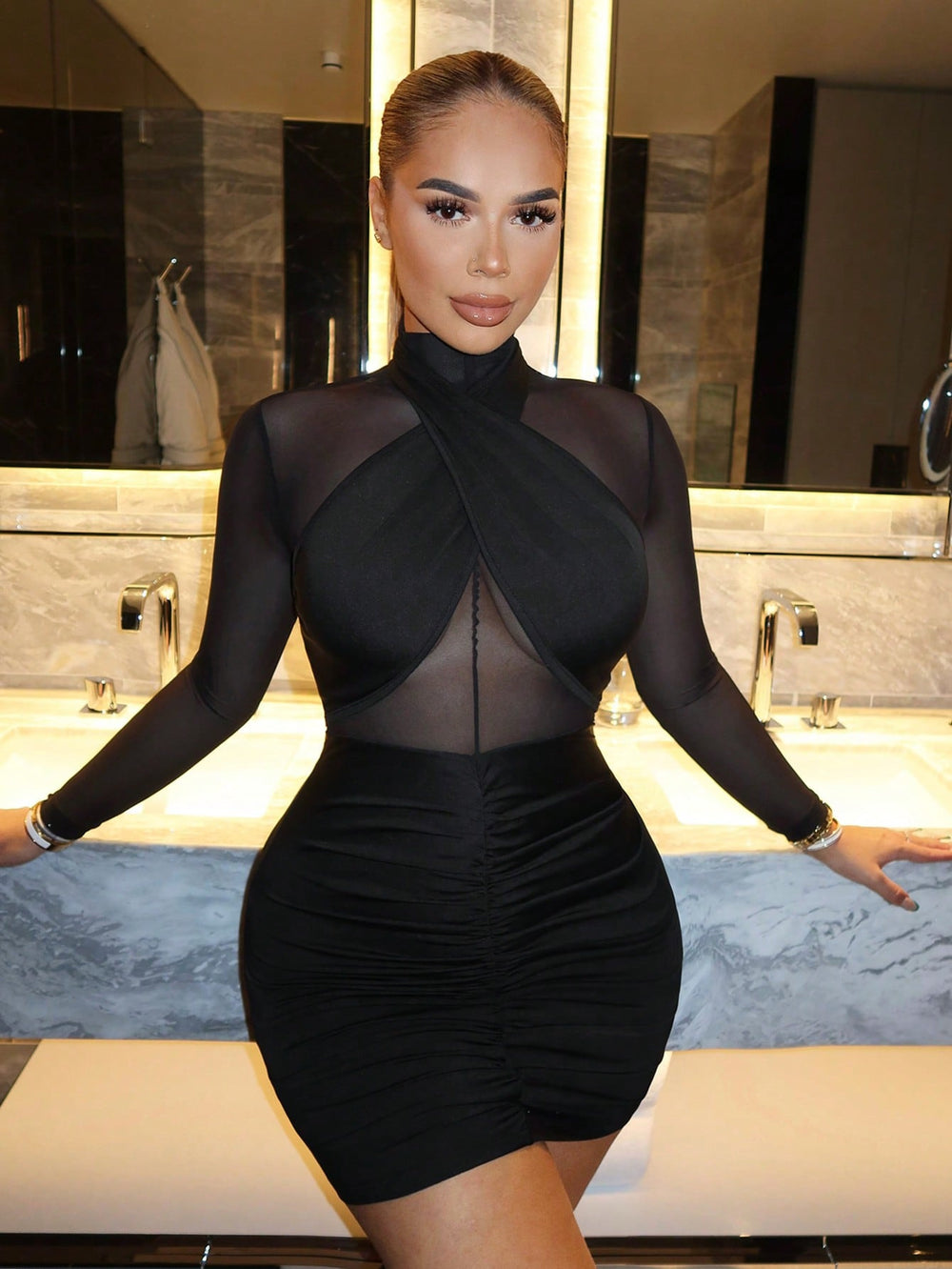 Spring & fall women's wrapped chest sexy mesh silm a-line hip covering dress elegantelegance  best selling