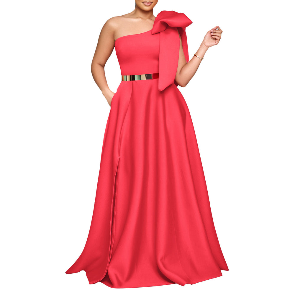 C8613exportfashion summer new arrivalelegantfashion oblique shoulder bow banquet dress long skirt african dress