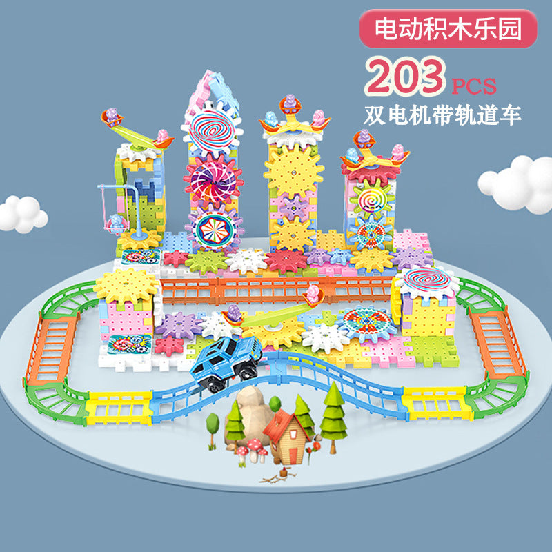Transforming building blocks: mechanical gear interlocking children's electric track diy educational stem assembly toy - cross-border