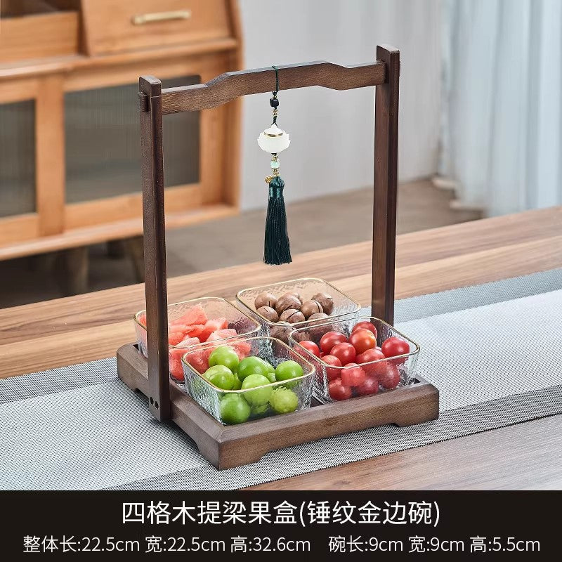 Chinoiserie walnut color dried fruit plate for home divided grids four-square grid lifting beam wedding new home glass bowl fruit plate fruit plate