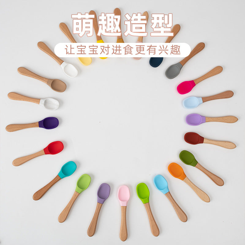 Factory direct sales silicone wooden handle complementary food fork and spoon  baby spoon baby training eating fork and spoon set wholesale
