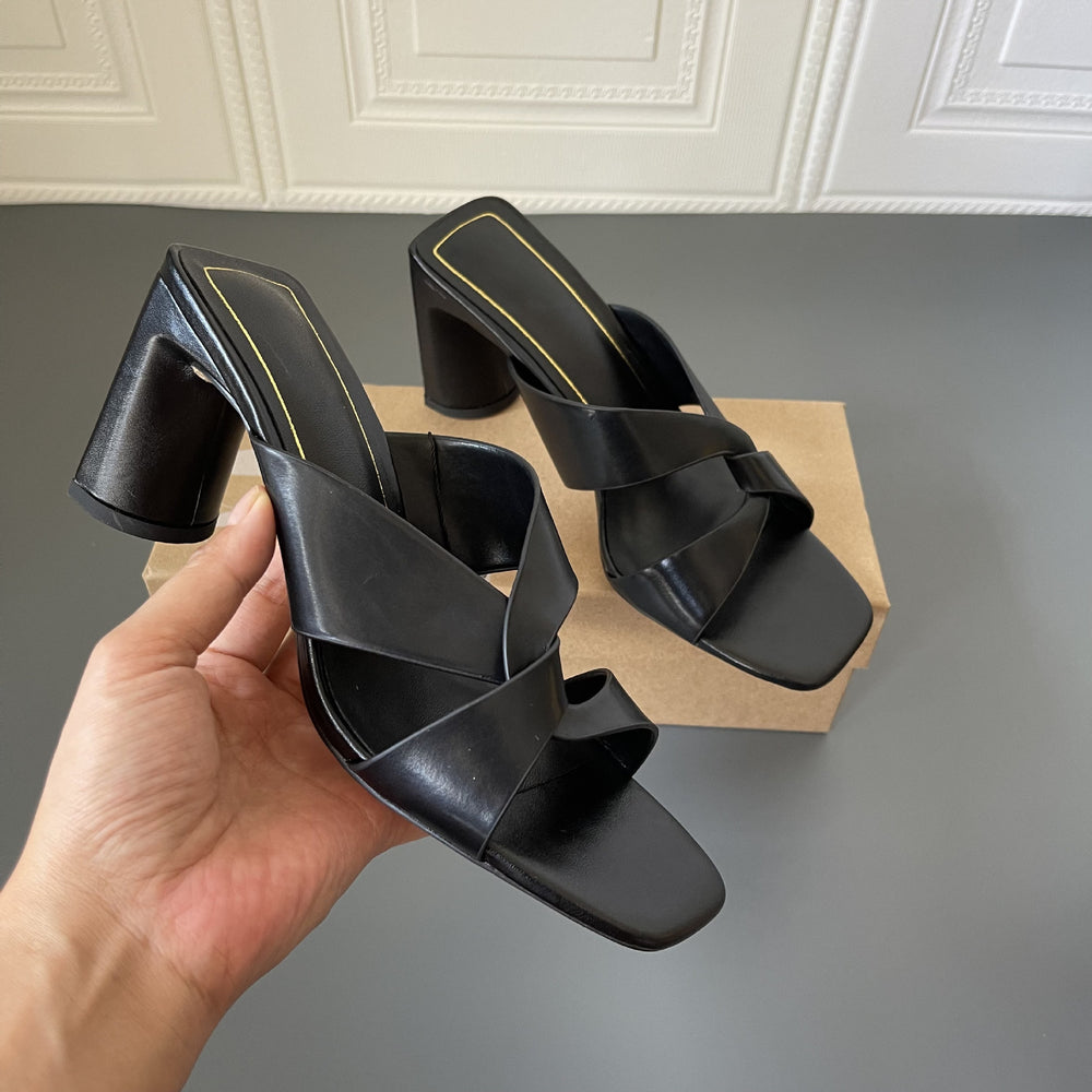 Z's 2023 spring new women's shoes: brown chunky heel minimalist open-toe high heel mules for outdoor wear