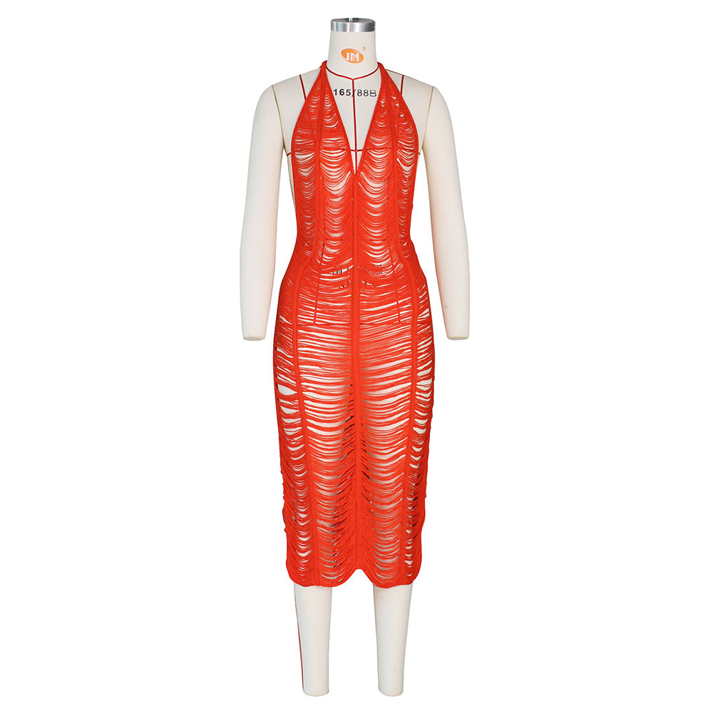 summer new sexy women's fashionable socialite hollow-out see-through beach knit bodycon dress halter knit dress