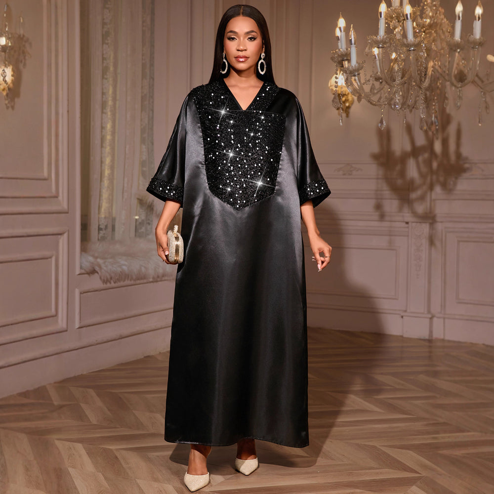 african women's v-neck loose plus size dress -  sequin fashion robe dress