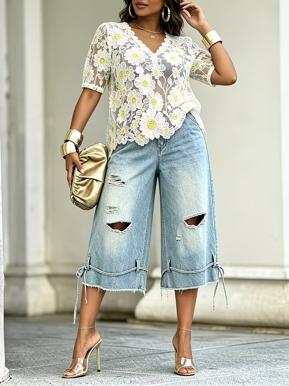 European and american jeans women's washed big holes cropped loose pants drawstring raw edge plus size loosecasualsummer thin style