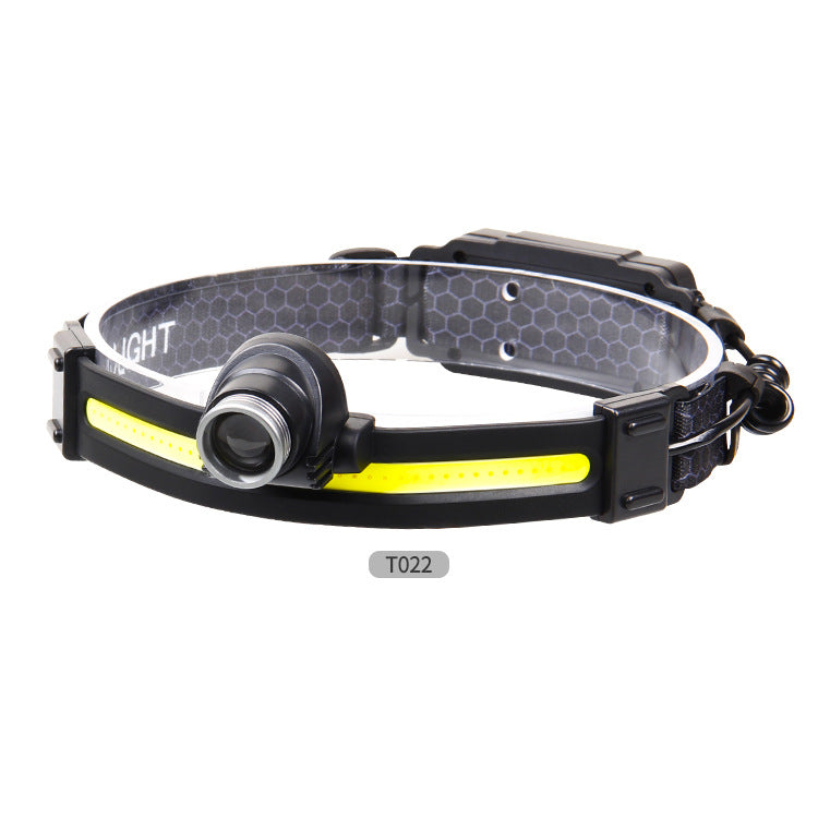 Cross-border new outdoor telescopic zoom induction strong light USB charging silicone built-in battery power display COB headlight