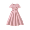 hot-selling girls' clothing,  spring/summer new arrivals: elegant and chic solid color, minimalist short-sleeved, cinched-waist, flared dress