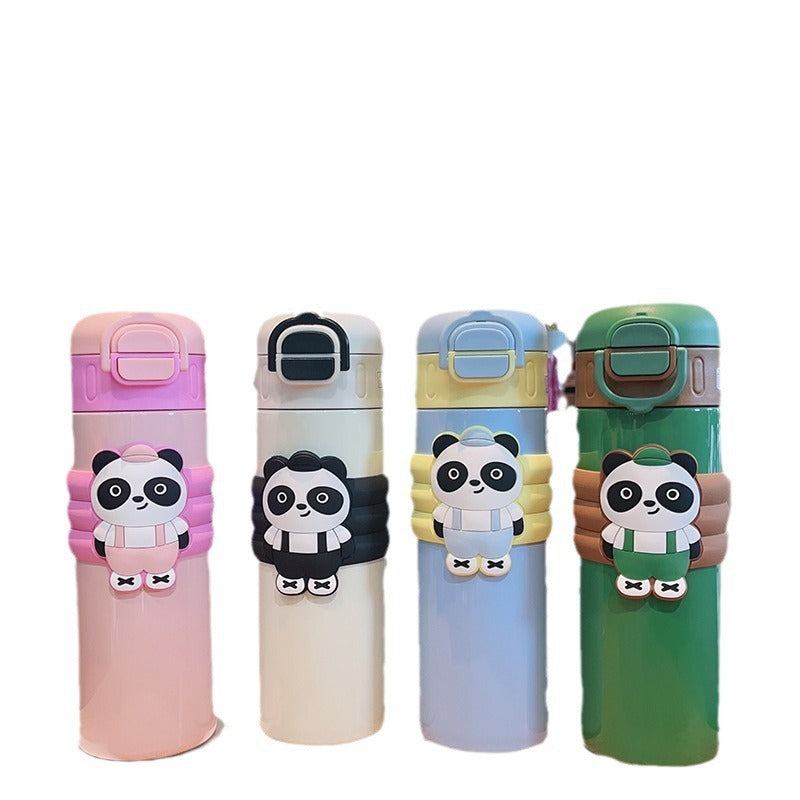 Cartoon red panda straight body insulated water bottle, 316 stainless steel, large capacity, dual-drink kids' water bottle, cute straw cup