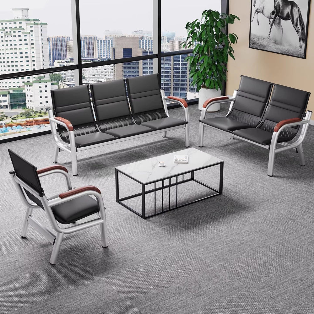 Office sofa and coffee table set - minimalist modern reception desk with iron frame, business three-seater sofa