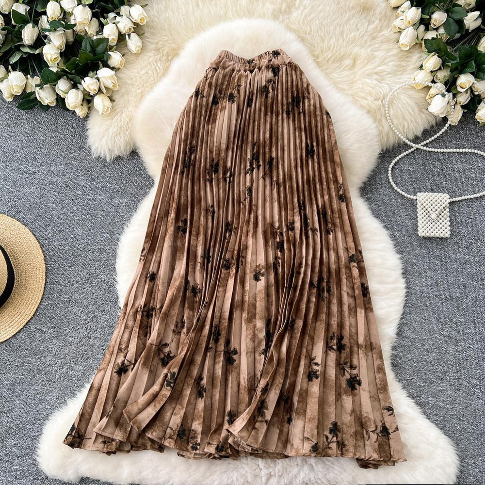 Chiffon midi skirt - women's autumn  new arrival: flattering, flowy, a-line skirt with pleats and floral print