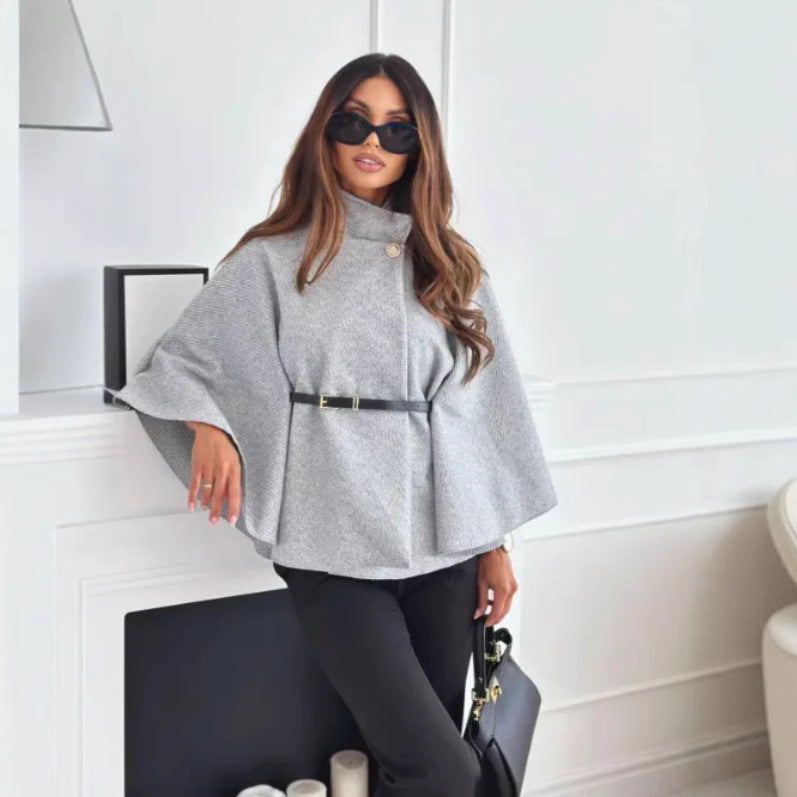 fashion women's winter elegant solid color waist-cinching tie-up wool blend cape coat