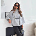 fashion women's winter elegant solid color waist-cinching tie-up wool blend cape coat