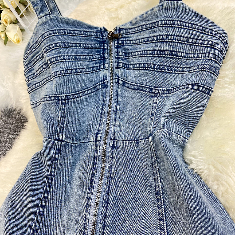 Fashion cross-border summernew arrival denim dress suspender backless high waist zipper silm large swing denim long skirt