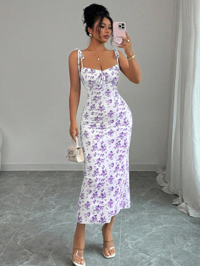 fashion women's clothing  summer sweet floral print camisole dress slim fit elegant bodycon maxi dress