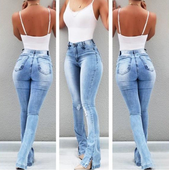 fashion  spring new  fashion stretch slit flare high waistjeans women's pants