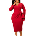 D606 european and american women's clothing  fall/winter fashion v-neck long sleeve solid color pleated bodycon office lady african dress