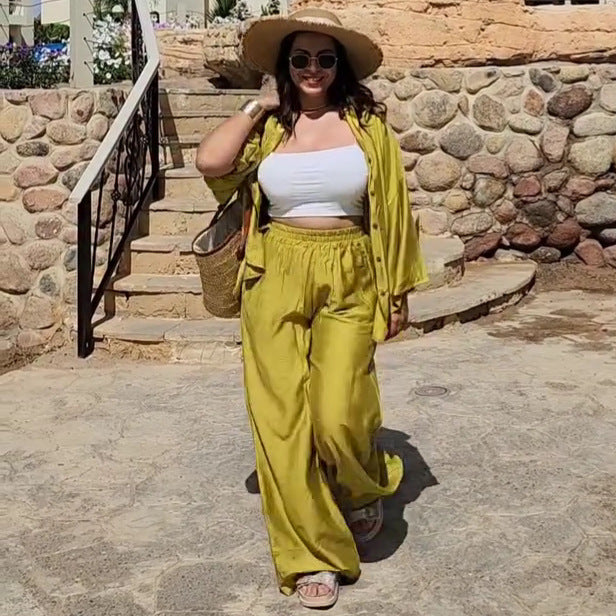 Cross-border European and American large-size casual cardigan shirt high waist wide-leg trousers women's  new fashion women's clothing two-piece set