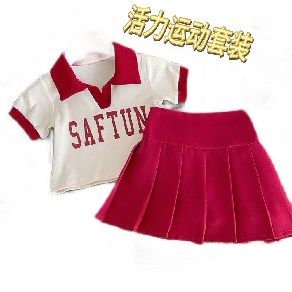 Girls' short-sleeve polo shirt & active set -  summer collection: letter print color block tee & pleated skirt set