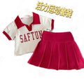 Girls' short-sleeve polo shirt & active set -  summer collection: letter print color block tee & pleated skirt set