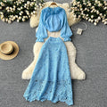Elegant two-piece set: women's high-end 3d floral french long-sleeve blouse + high-waisted midi lace skirt
