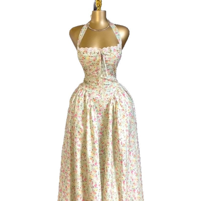 European and american cross-border women's fashion:  summer new collection - sweet and fresh floral halter neck midi slip dress