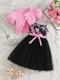 girldresssuit pink lantern sleeve outer printed suspender gauze skirt kids tutu skirt