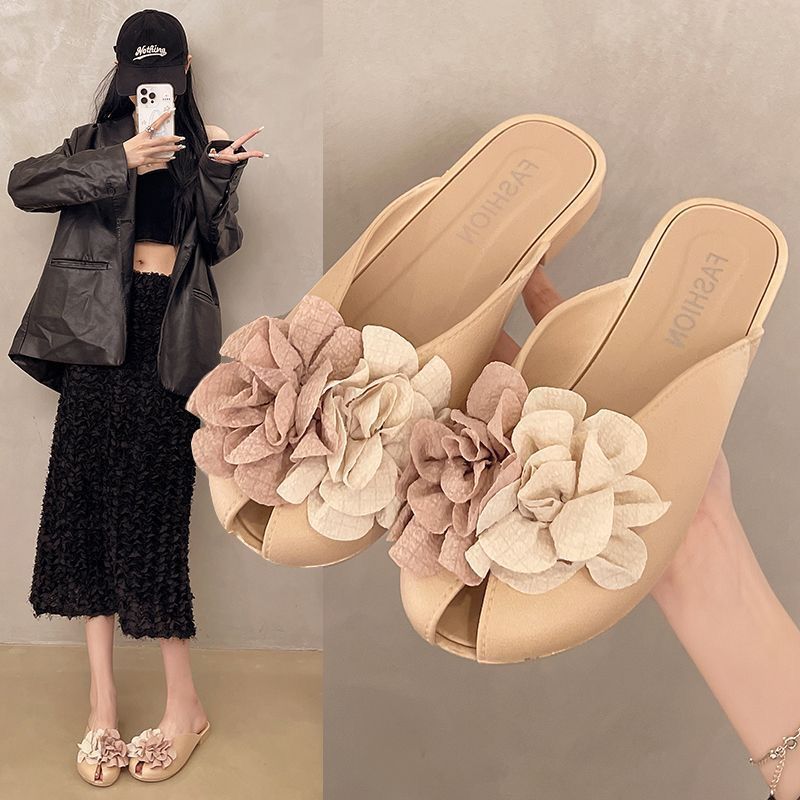 Baotou half slippers for women outwear2025 spring and summer new arrivalfashion flower fairy style with skirt flats sandals