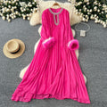 European and american cross-border  autumn new arrival: elegant solid color dress - round neck, rhinestone embellished, loose fit, faux fur trim, pleated maxi dress