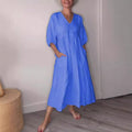 Amazon independent station fashion cross-border autum women's cotton and linen deep v neck pleated pure colorcasualflap pocket pantsdress