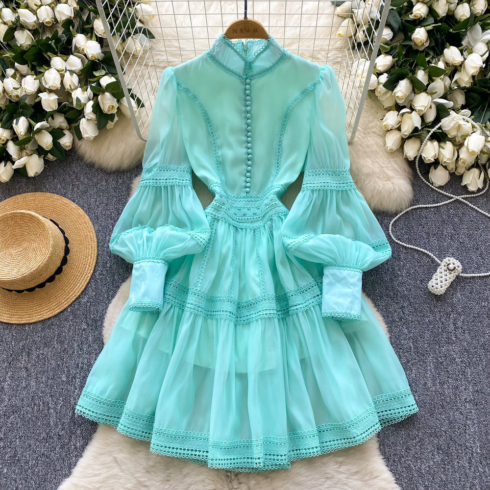 French court style lantern sleeve dress - spring crochet embroidery design - elegant, luxurious, and sophisticated long dress for women