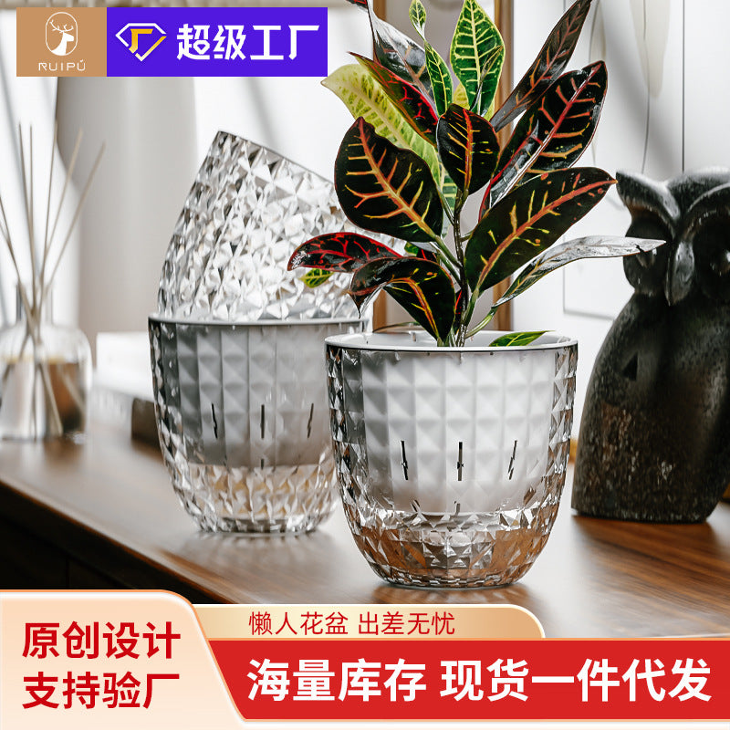 Plastic transparent lazy self-absorbing flower pot hydroponic plant water-free watering copper coin grass hanging orchid green dill water storage pot