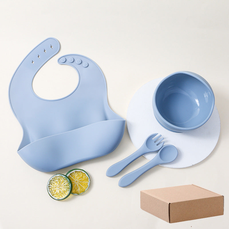 hot-selling silicone tableware suit baby kids bib suction cup bowl fork spoon suit saliva pocket dinner plate suit