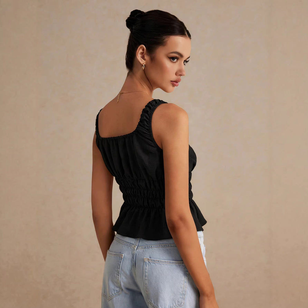 European and american style sweet square neck drawstring ruched camisole top - women's slimming, figure-flattering, ruffle hem, open back top