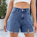 Fashion cross-border women's clothing  independent station new washed denim shorts  raw edge versatile slit hot pants