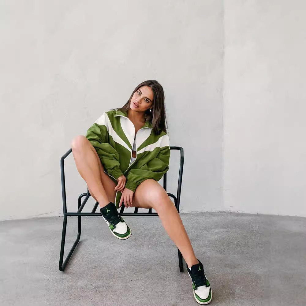European and American loose casual women's clothing fashion contrasting colors long-sleeved sports cardigan cardigan cardigan shorts two-piece set women's suit women