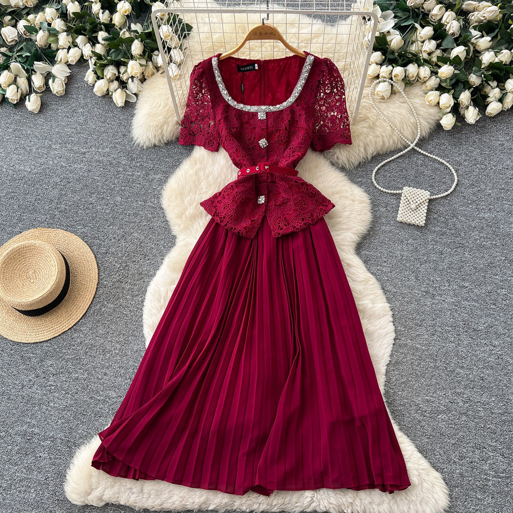 French chic lace patchwork short-sleeve dress - women's summer square neck, slimming, pleated maxi dress - elegant and refined