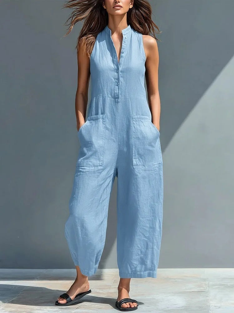 european and american women's clothing  independent station casual women's sleeveless stand collar pocket jumpsuit independent station black