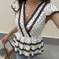 Exportfashion gentle style lacetops small wave pointcontrast colorlacev neck flying sleeves layered ruffle tops